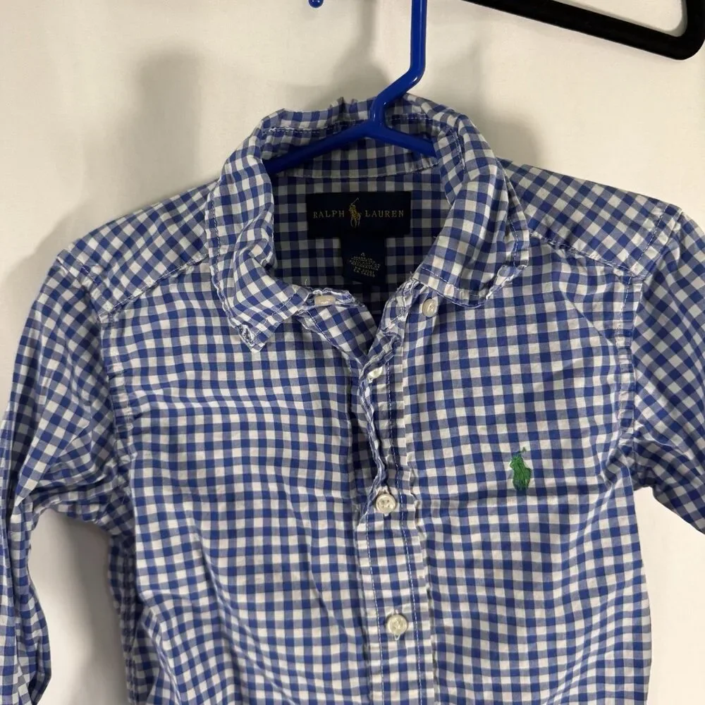 Ralph Lauren Dress Shirt Boys 4 Blue White Plaid Long Sleeve Collared Button Up